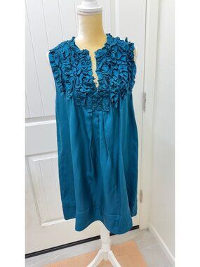 Bizz Silk Knee‑Length Dress – Teal Ruffle Neckline – Sleeveless Lined Dress Larg